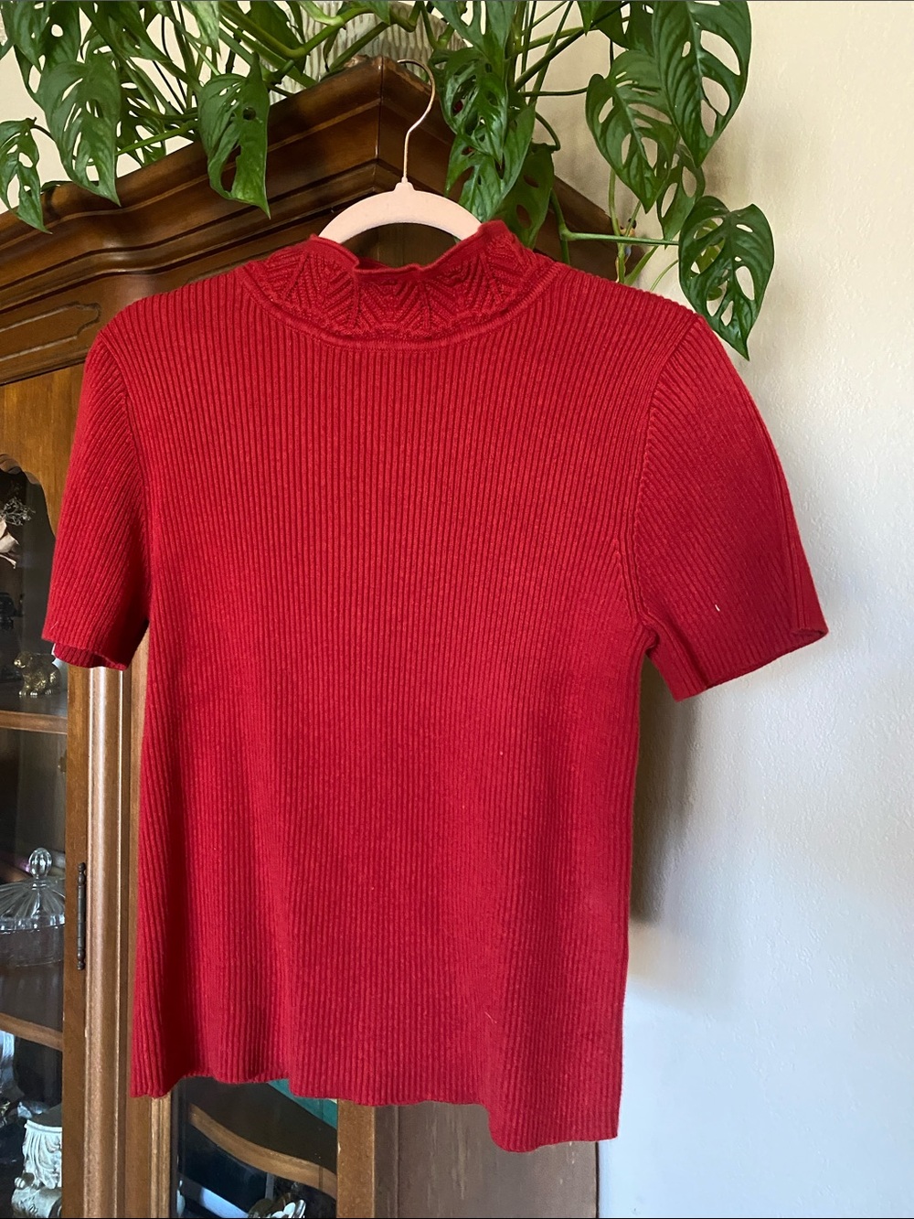 Christopher & Banks Red Ribbed Mockneck Short Sleeve Top